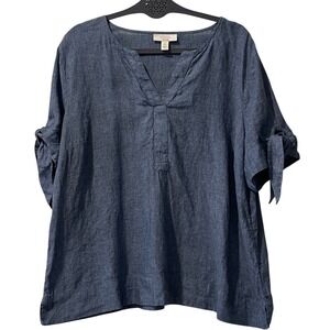 Charter‎ Club Luxury Linen Denim Blue Tie Sleeve Top XL